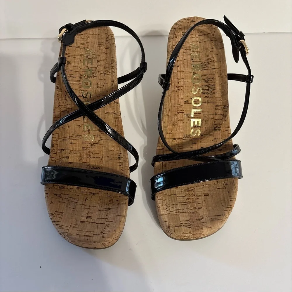 AEROSOLES Black Patent Cork Footbed Strappy Sandals